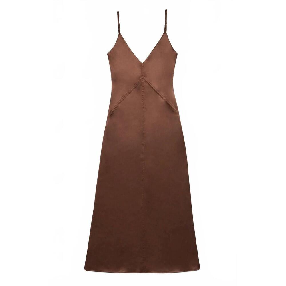 NEW DELUC women's deep v neck clay dress in caramel